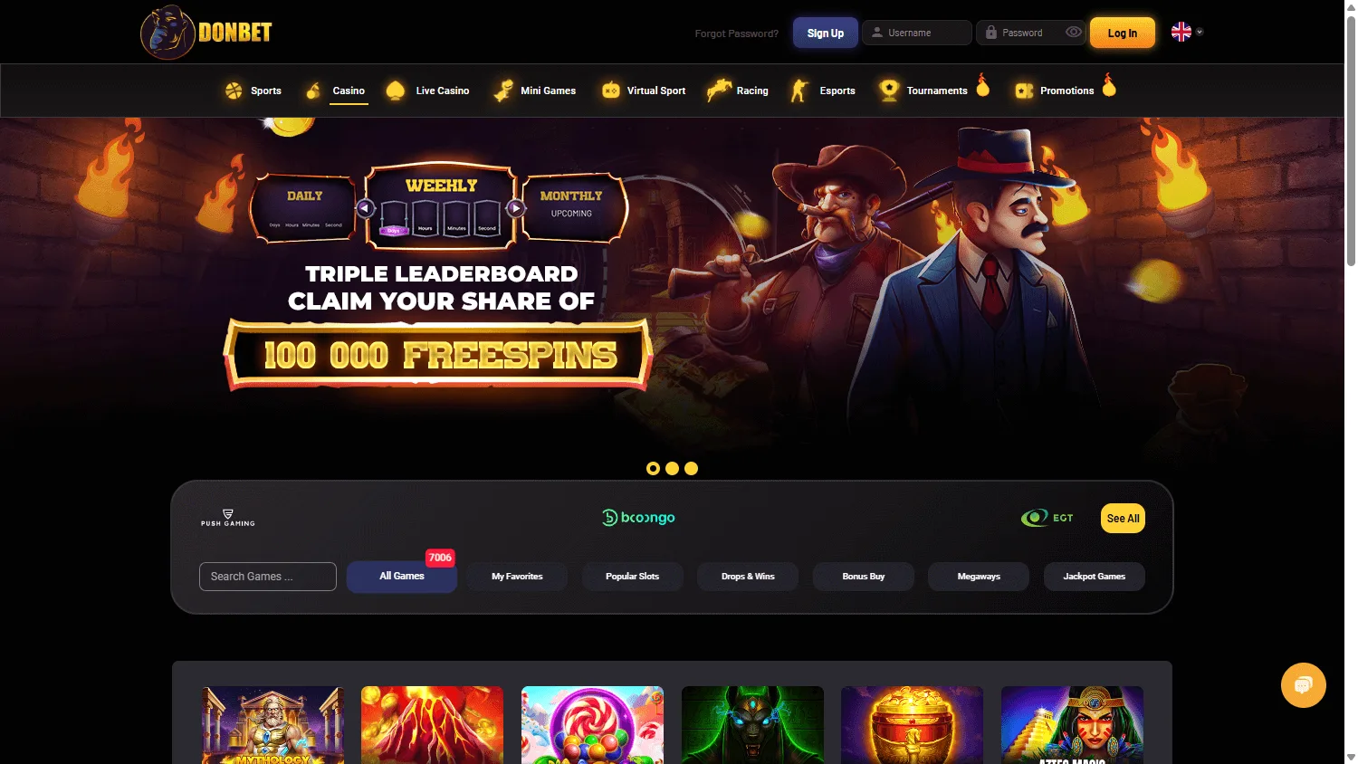 Donbet Casino desktop games area with casino categories and titles