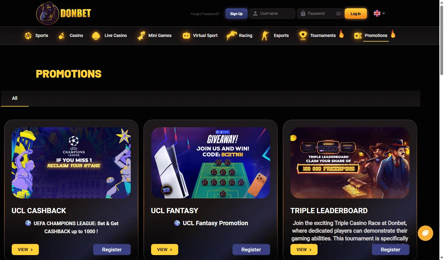 Donbet Casino desktop promotions area with casino and sports offers