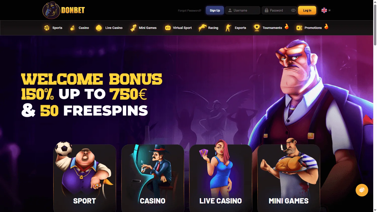 Donbet Casino desktop home screen with casino and sportsbook access